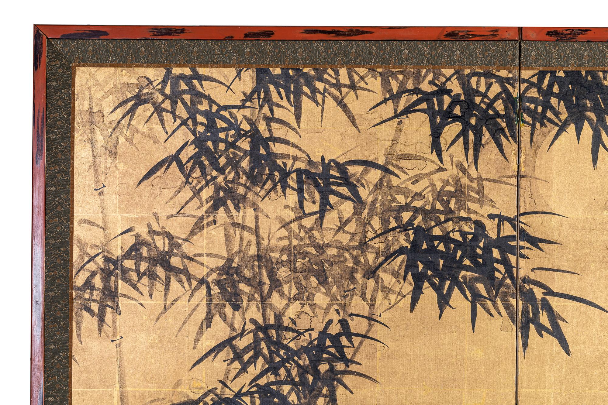 Japanese Two Panel Screen: Bamboo with Calligraphy Poem In Good Condition For Sale In Hudson, NY