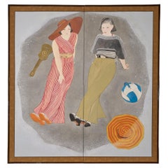 Japanese Two Panel Screen: Beach Party