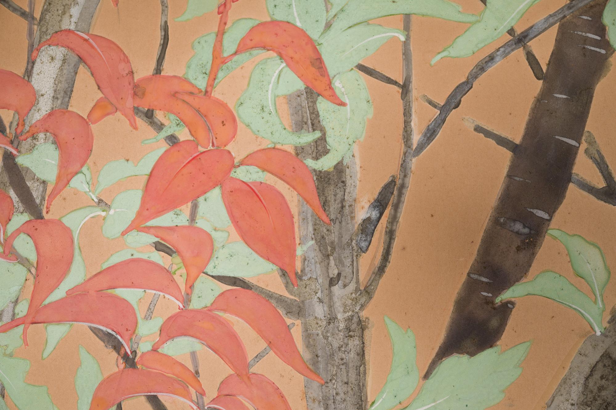Japanischer Raumteiler mit zwei Tafeln, farbenfrohe, holzfarbene und geblümte Landschaft im Angebot 8