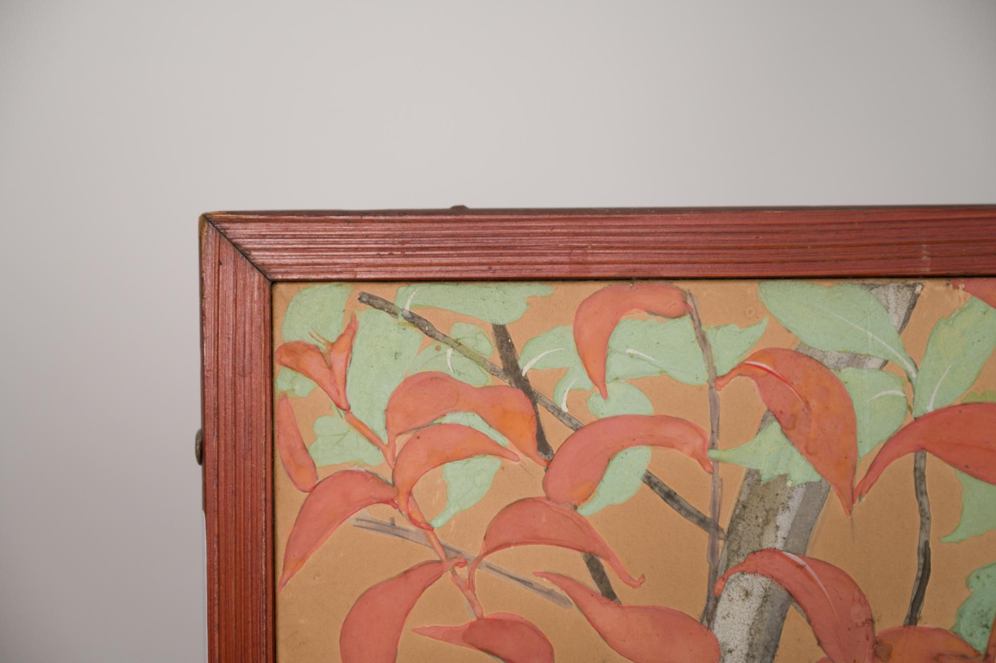 Paravent japonais à deux panneaux magnifiquement coloré, boisé et à motifs floraux en vente 9