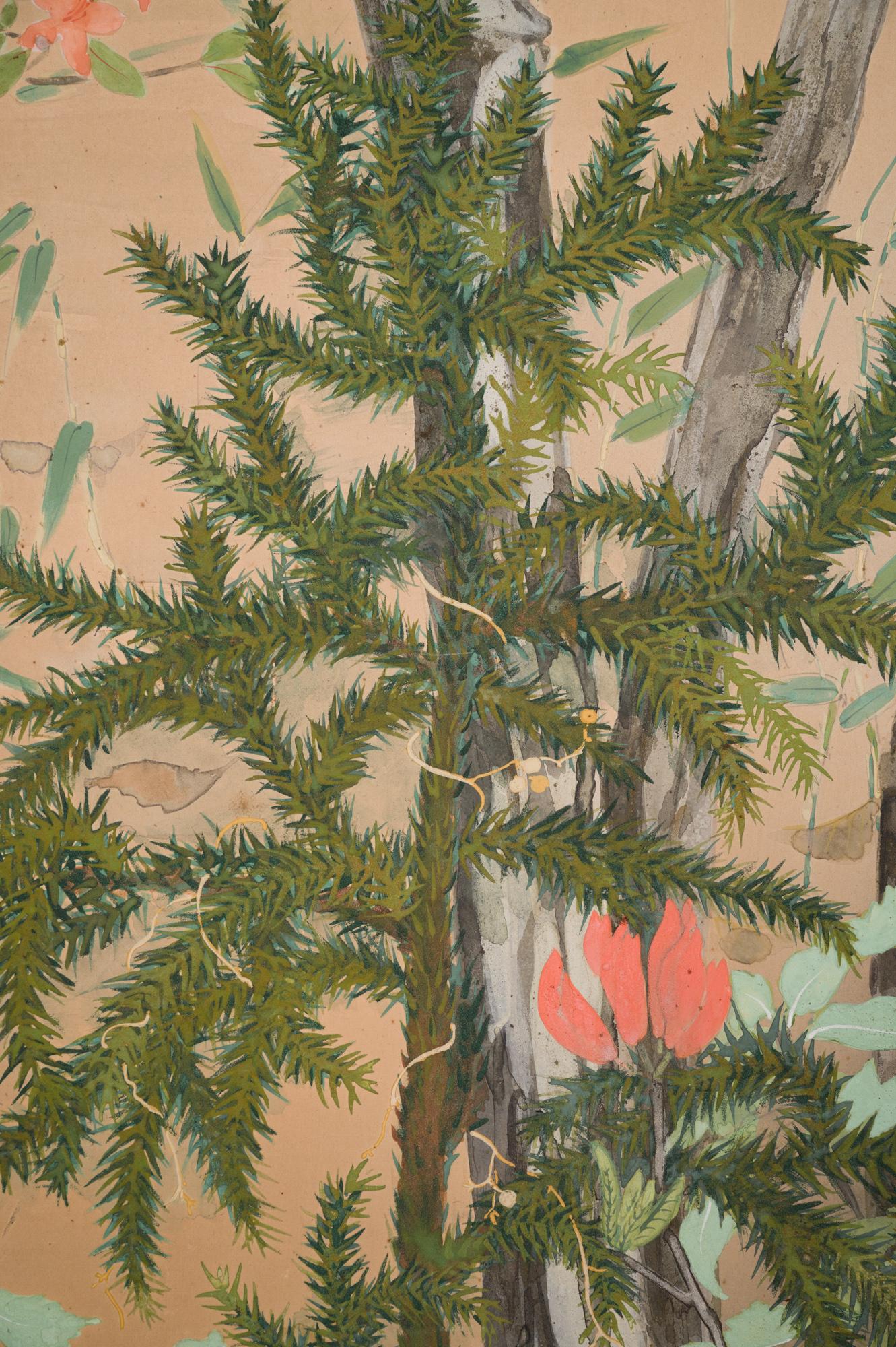De beaux arbres avec des pins et des azelea. Pigment minéral sur papier. Période Showa (1926-1989).
