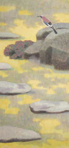 Japanese Two Panel Screen: Bird on a Rock on a Minimalist Ground