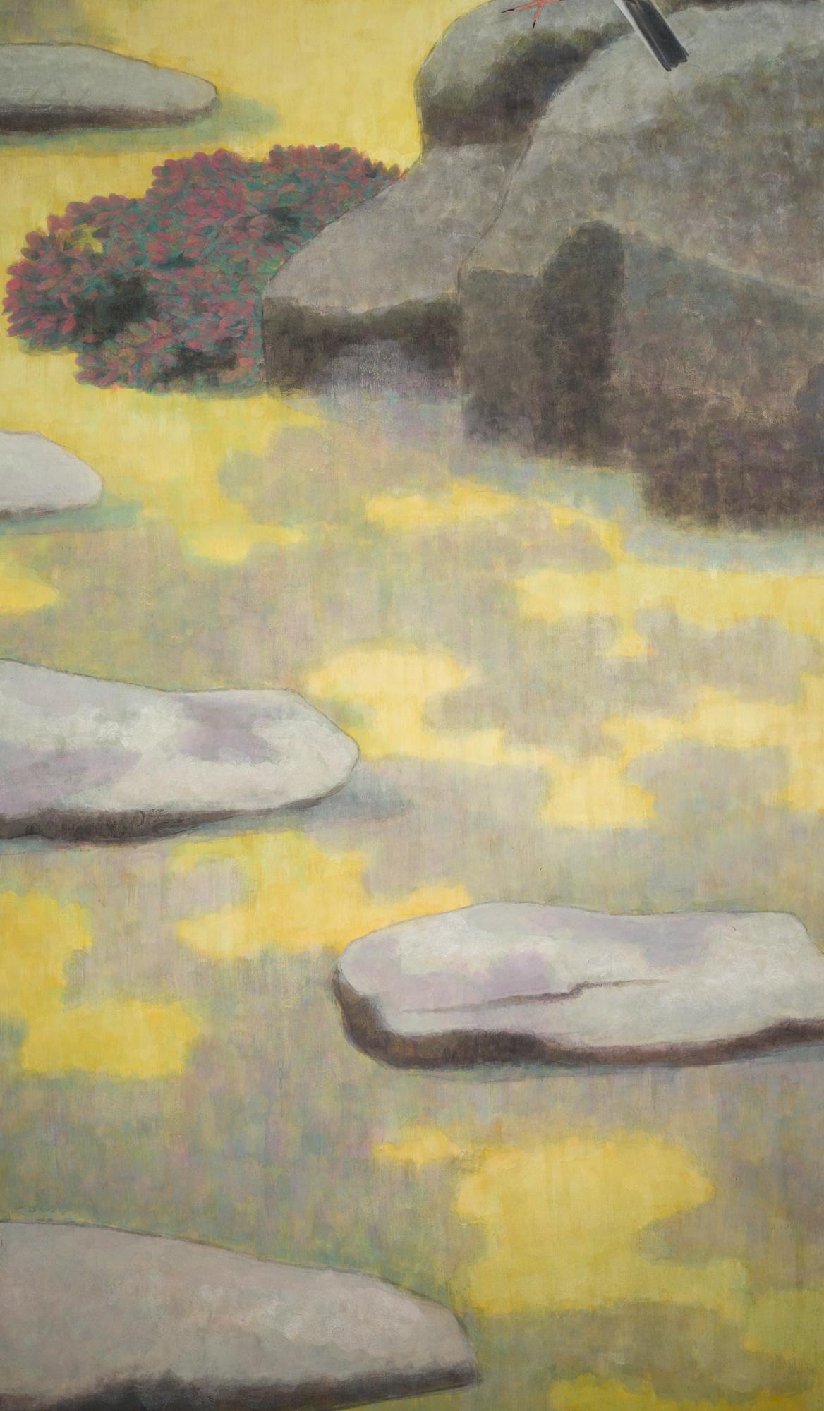 20th Century Japanese Two Panel Screen: Bird on a Rock on a Minimalist Ground For Sale