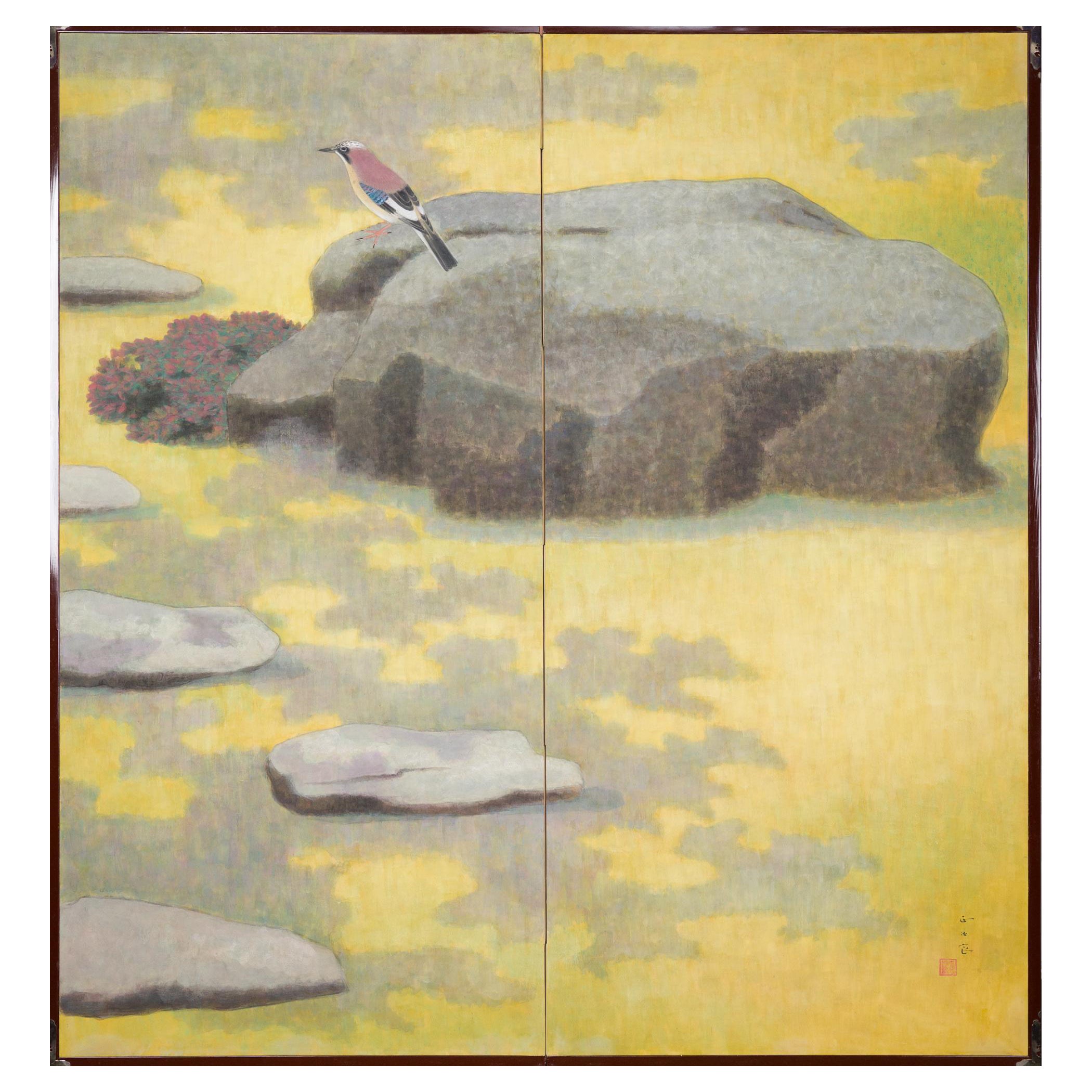 Japanese Two Panel Screen: Bird on a Rock on a Minimalist Ground For Sale