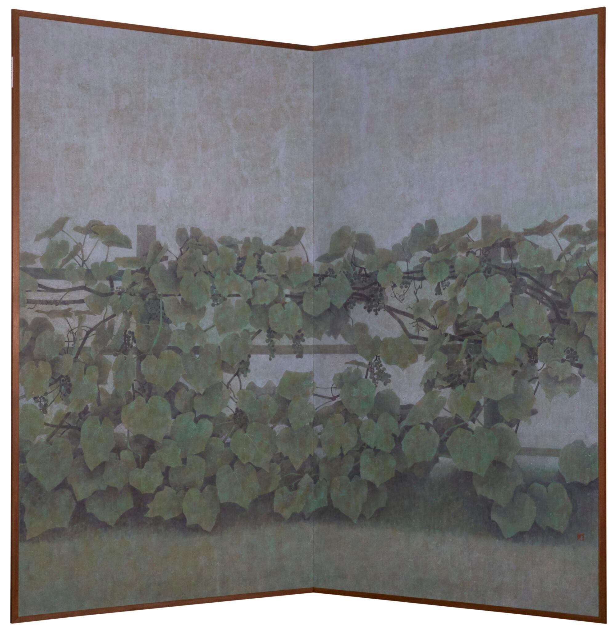 Japanese Two Panel Screen: Blue Vine For Sale 7