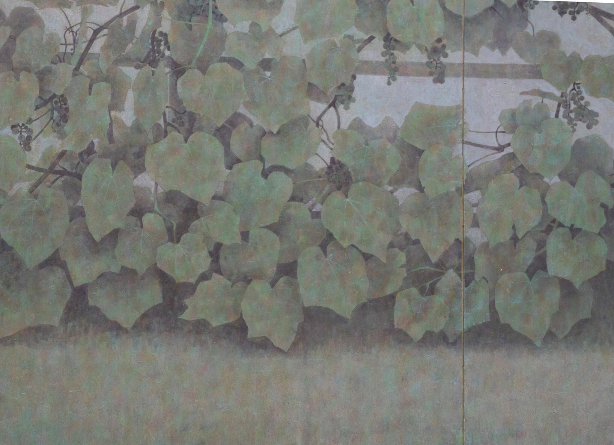 Climbing grape-vine at dawn in mineral pigments on paper in wood trim. Seal reads: Ogi Toshiyuki.