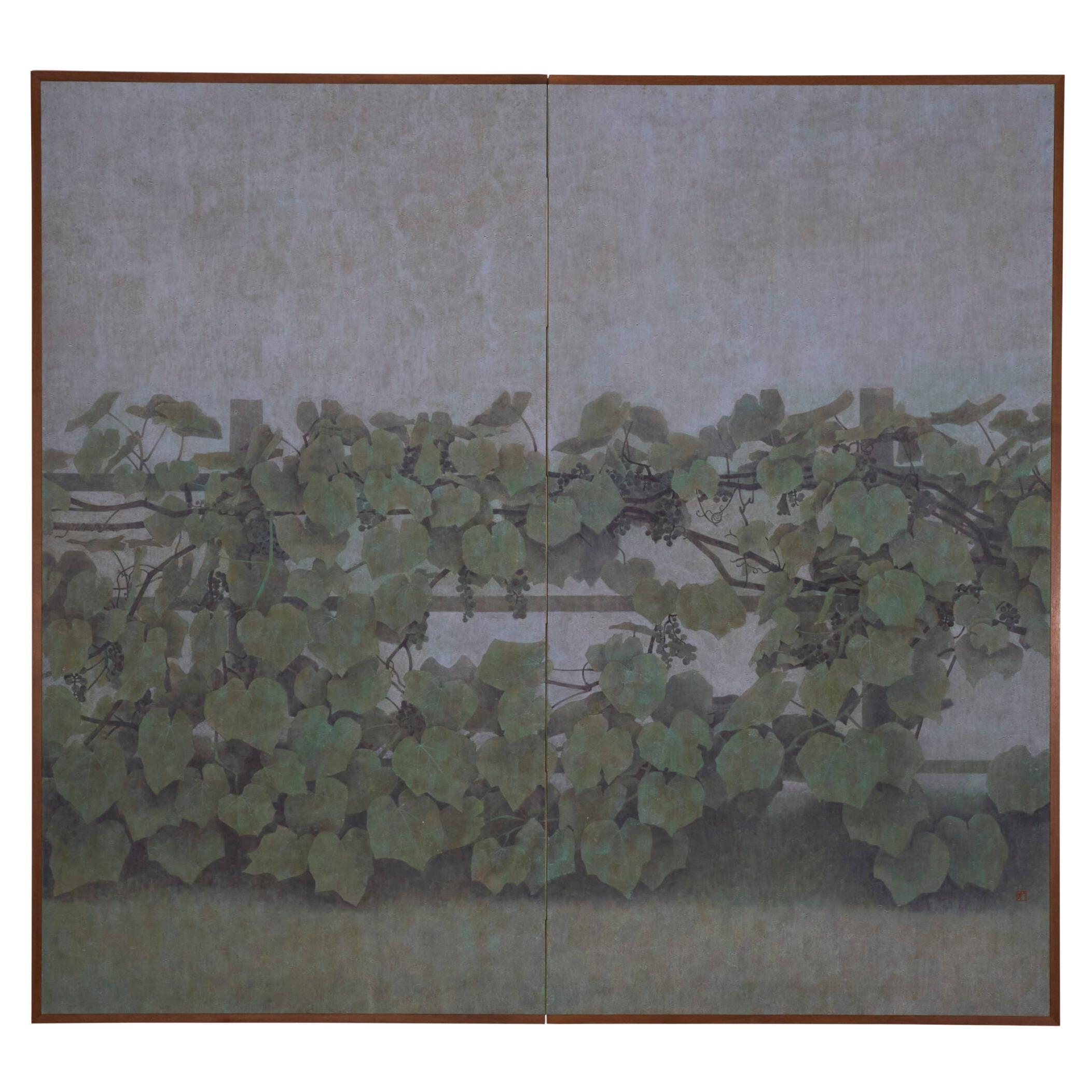 Japanese Two Panel Screen: Blue Vine For Sale