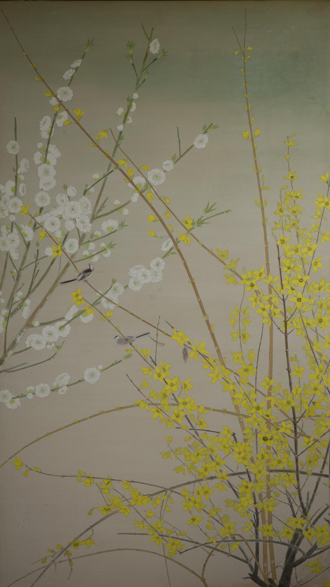 Japanese Two Panel Screen Cherry and Forsythia For Sale 5