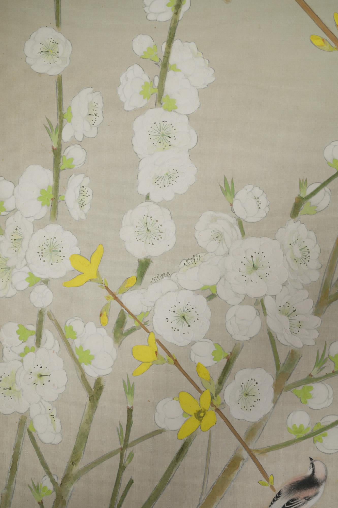 Japanese Two Panel Screen Cherry and Forsythia For Sale 4