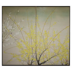 Japanese Two Panel Screen Cherry and Forsythia