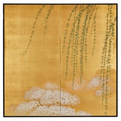Japanese Two Panel Screen: Cherry and Willow on Gold