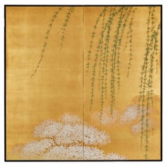 Antique Japanese Two Panel Screen: Cherry and Willow on Gold