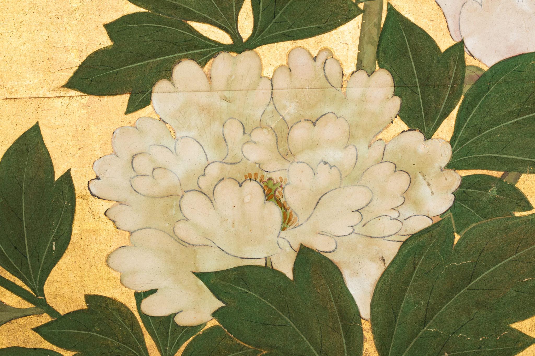 Japanese Two Panel Screen Cherry Blossoms and Peonies on Gold Leaf 4