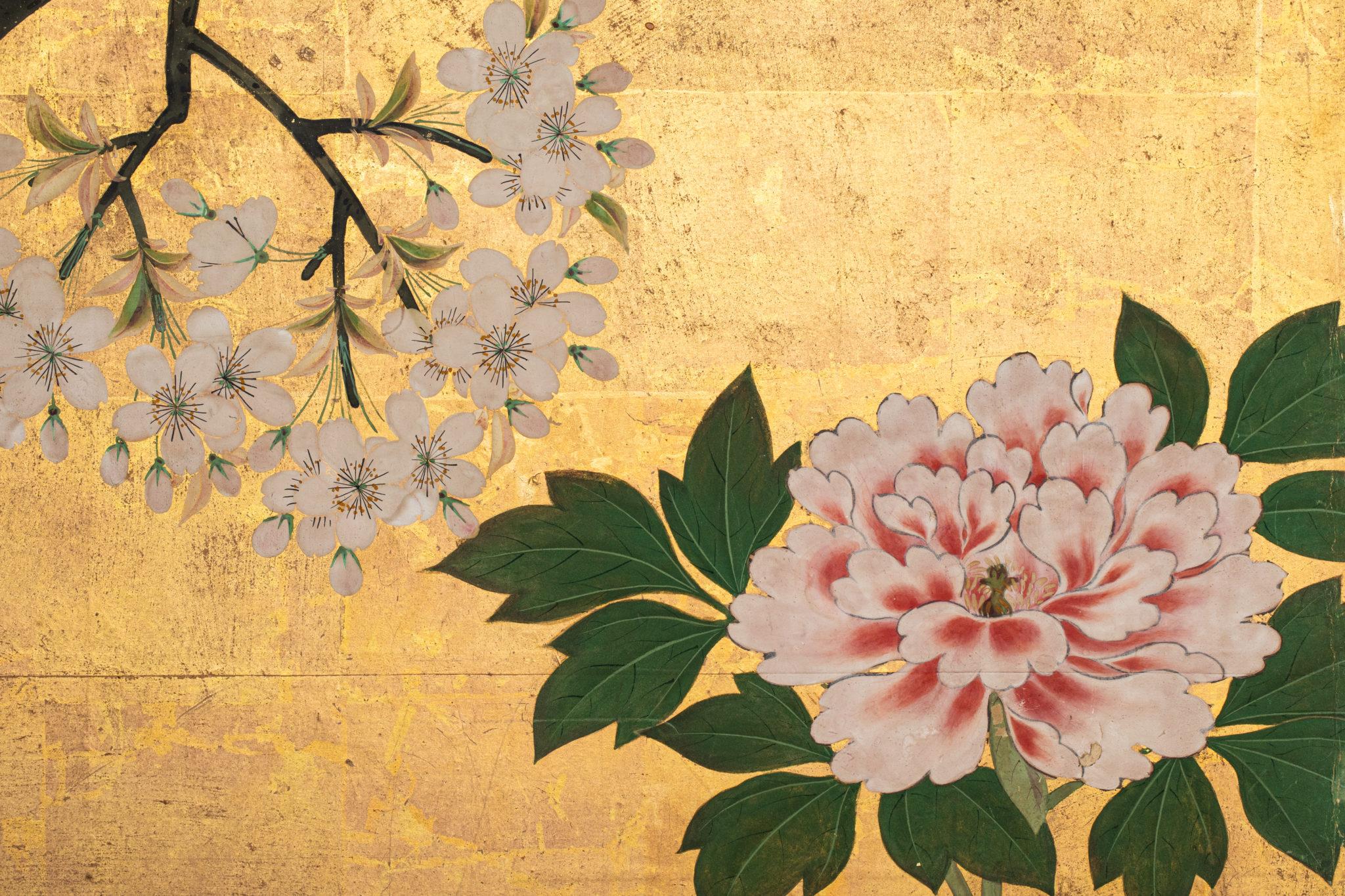 Japanese Two Panel Screen Cherry Blossoms and Peonies on Gold Leaf In Good Condition In Hudson, NY