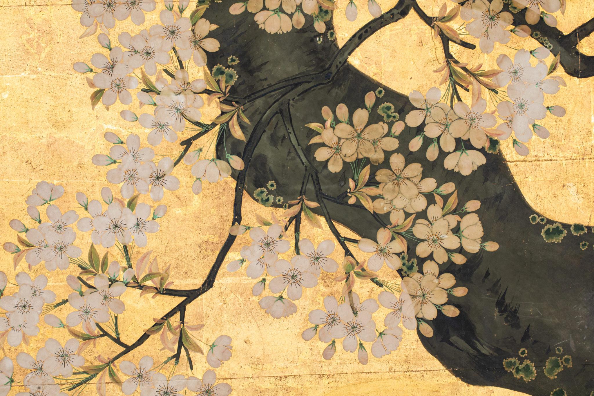 Japanese Two Panel Screen Cherry Blossoms and Peonies on Gold Leaf 1