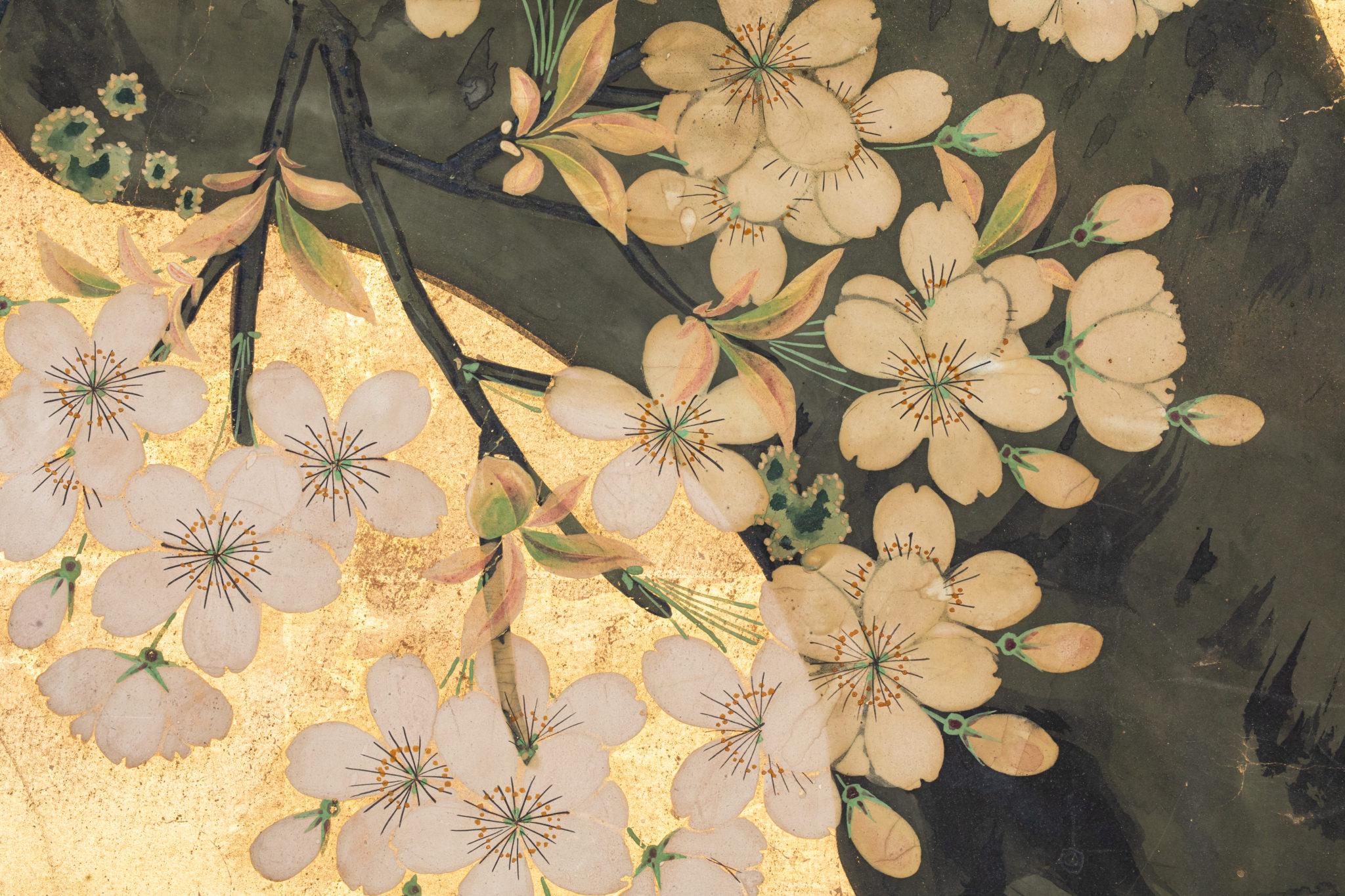 Japanese Two Panel Screen Cherry Blossoms and Peonies on Gold Leaf 2