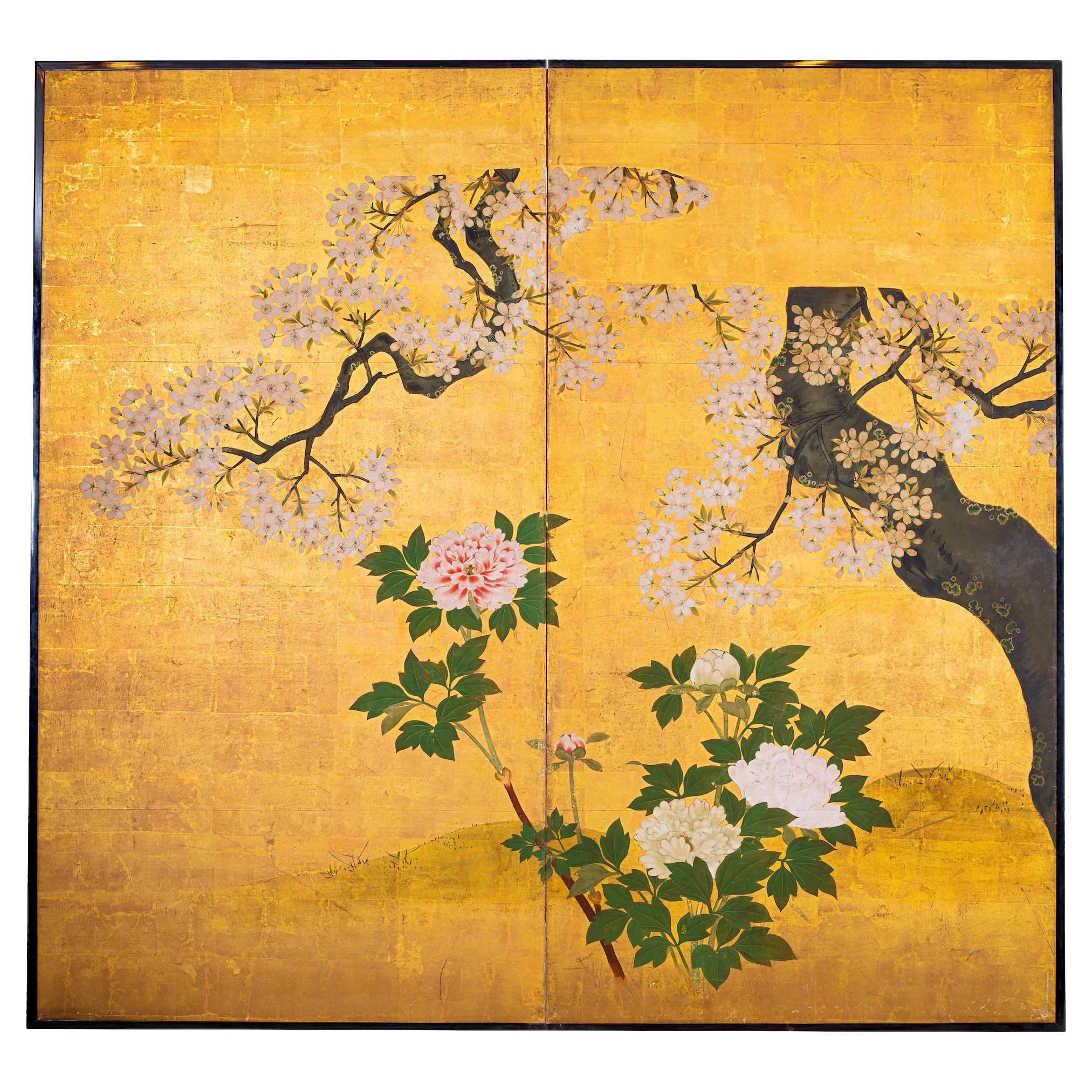 Japanese Two Panel Screen Cherry Blossoms and Peonies on Gold Leaf