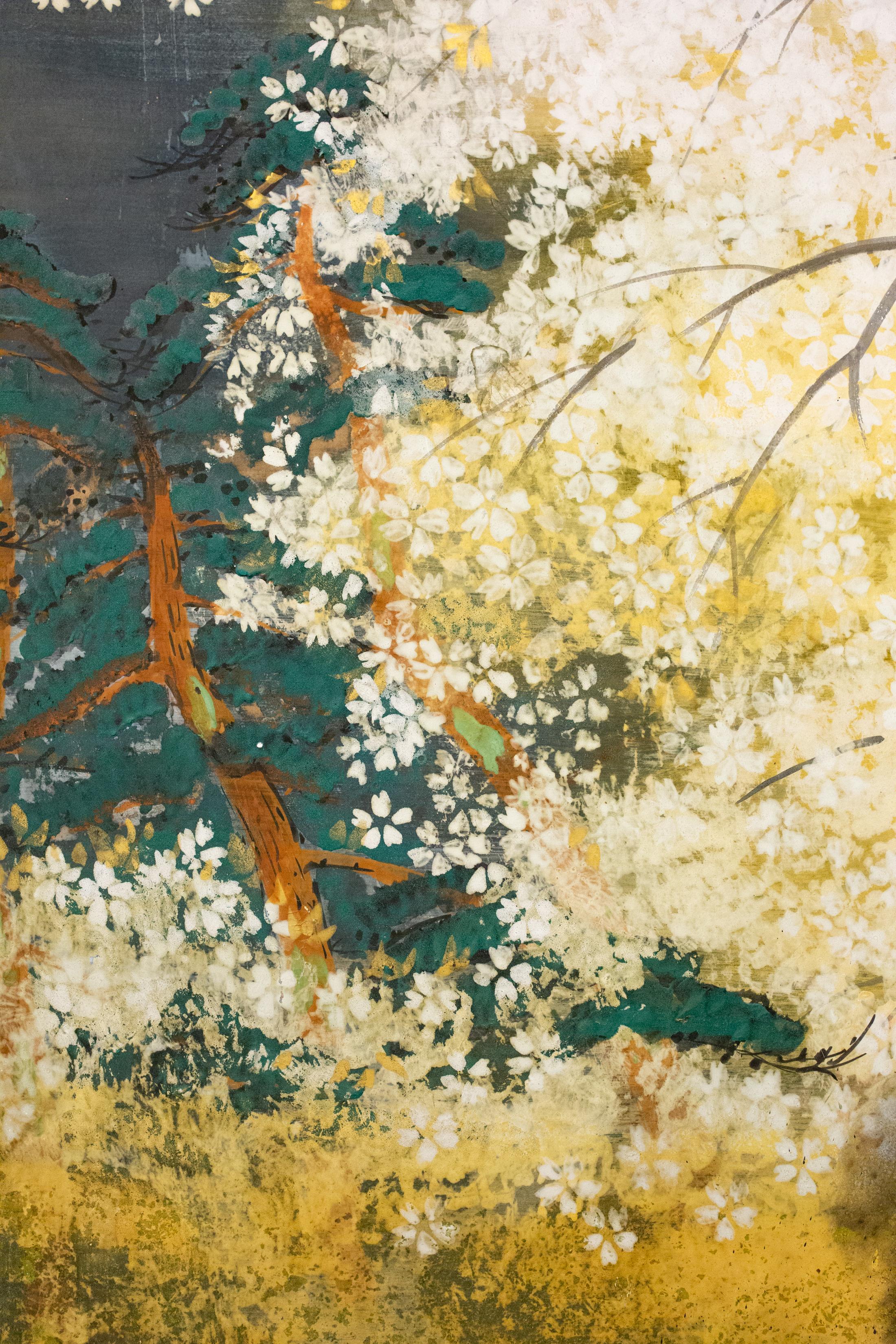 Japanese Two Panel Screen: Yozakura (Cherry Blossom Viewing at Night) In Good Condition In Hudson, NY