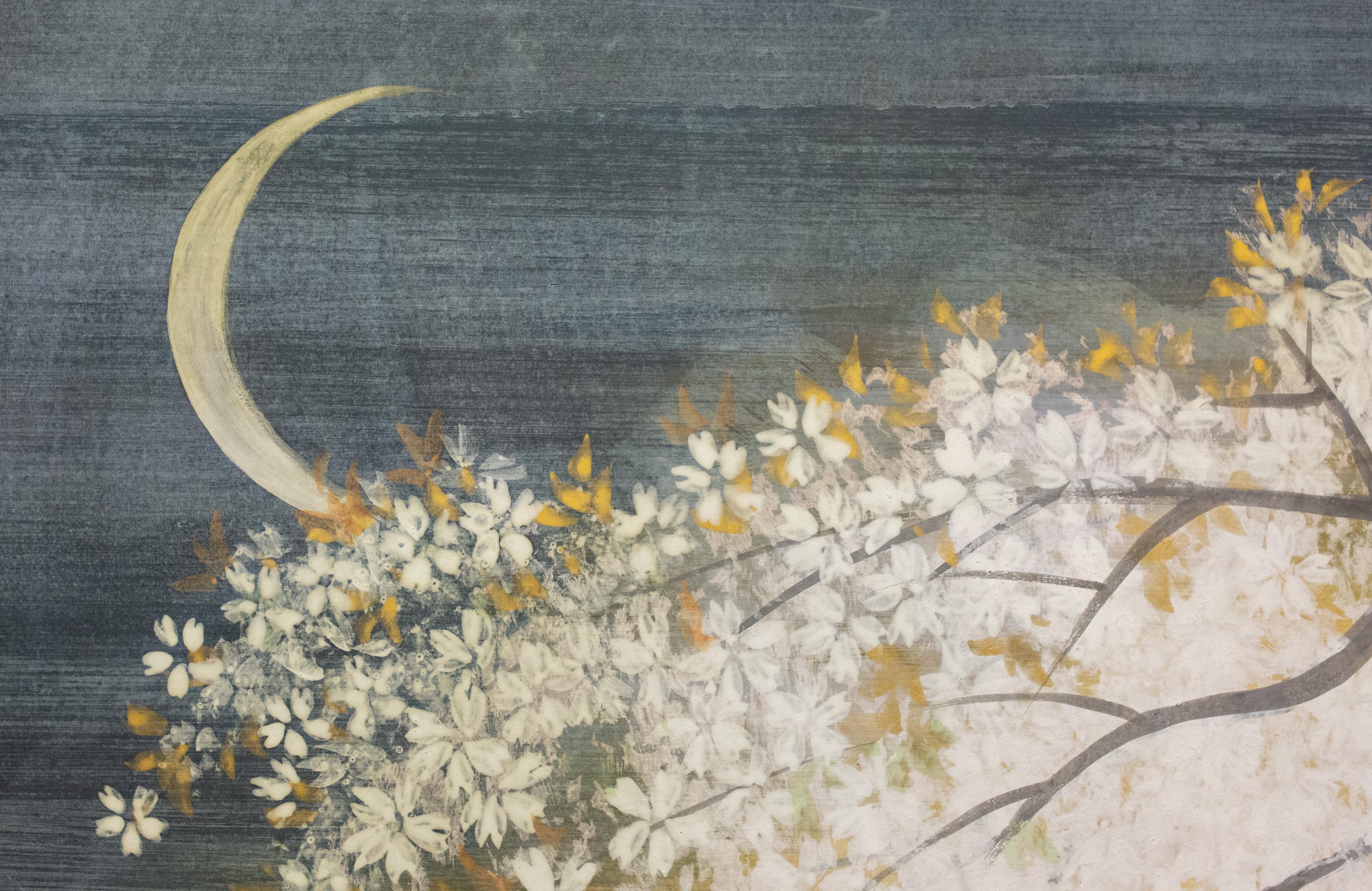 Early 20th Century Japanese Two Panel Screen: Yozakura (Cherry Blossom Viewing at Night)