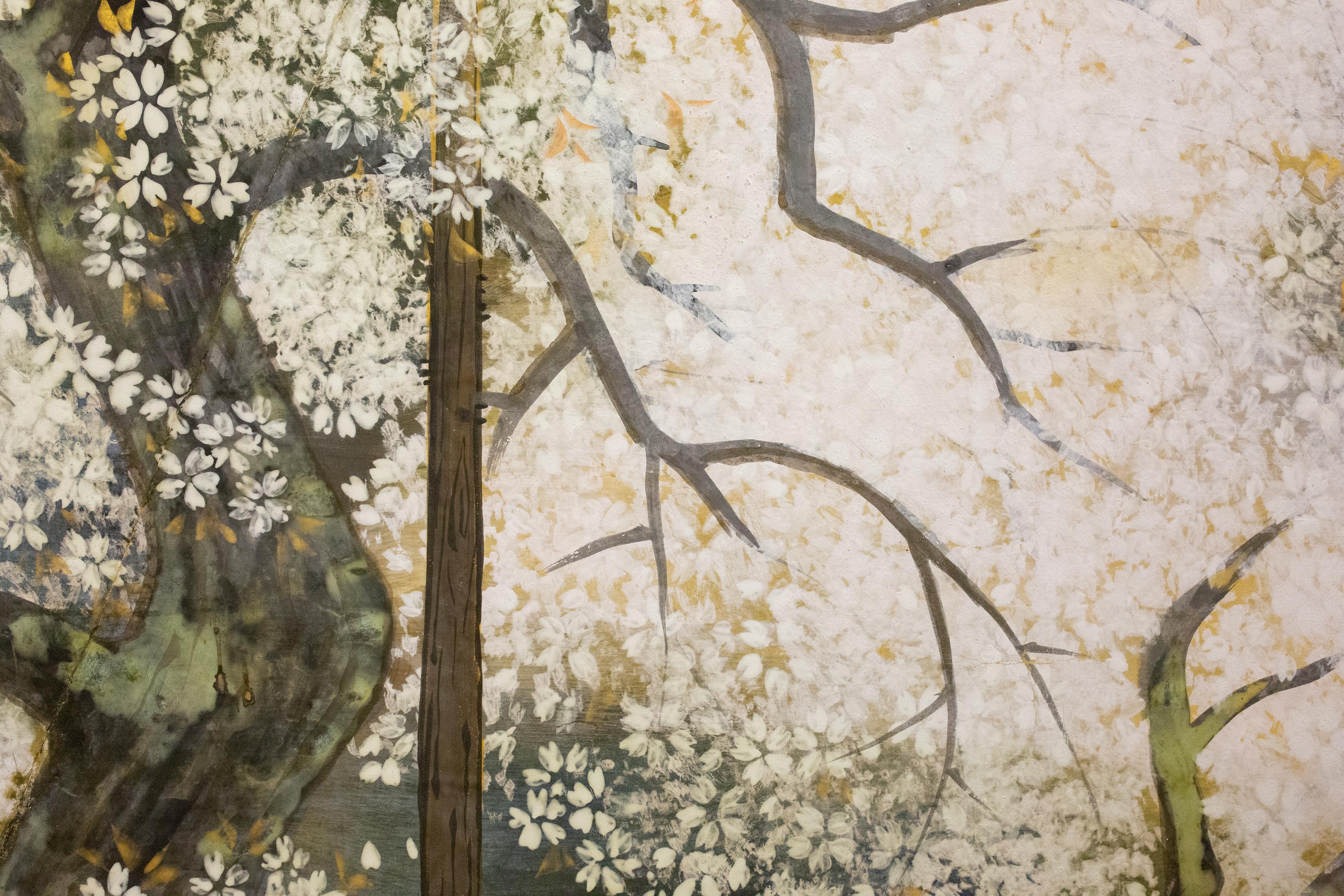 Silk Japanese Two Panel Screen: Yozakura (Cherry Blossom Viewing at Night)