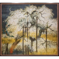 Japanese Two Panel Screen: Yozakura (Cherry Blossom Viewing at Night)