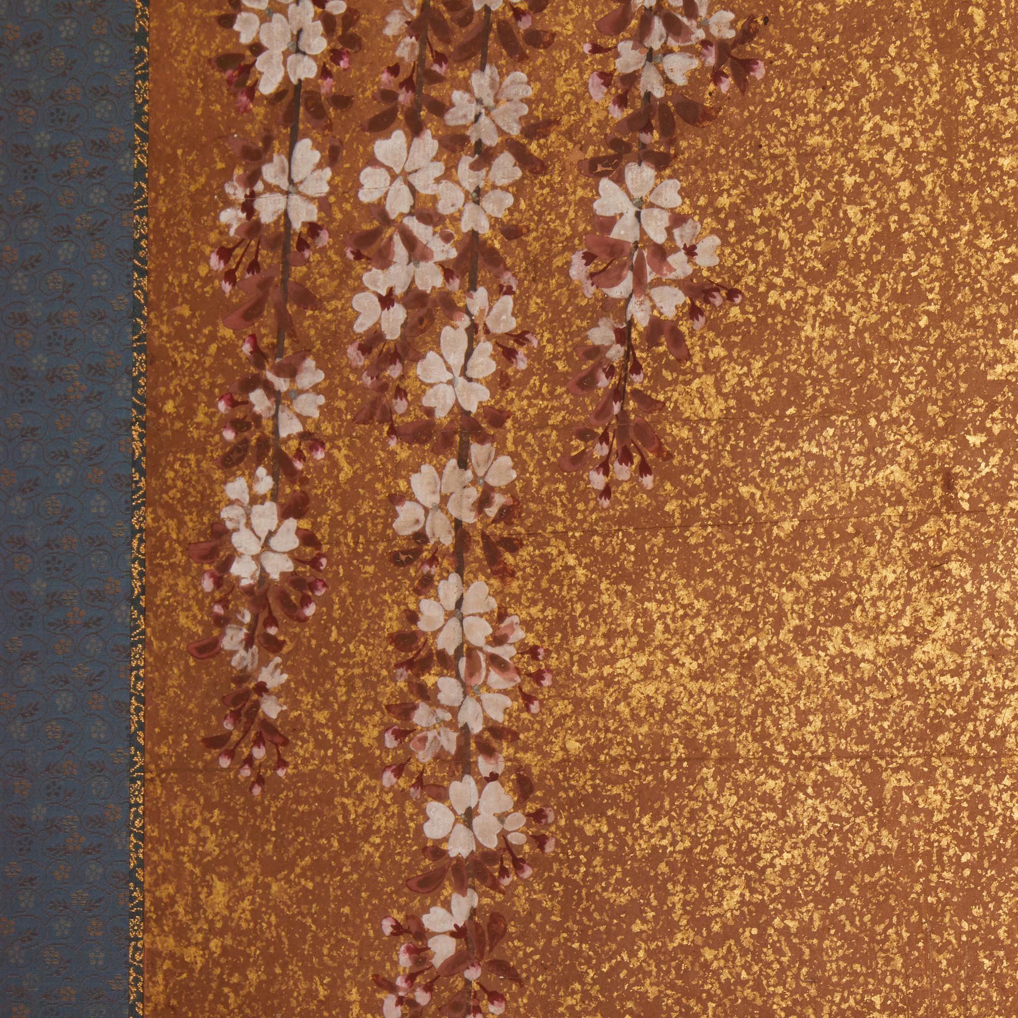 Japanischer Raumteiler mit zwei Tafeln: Kirschblüten in Weidenlandschaft im Zustand „Gut“ im Angebot in Hudson, NY