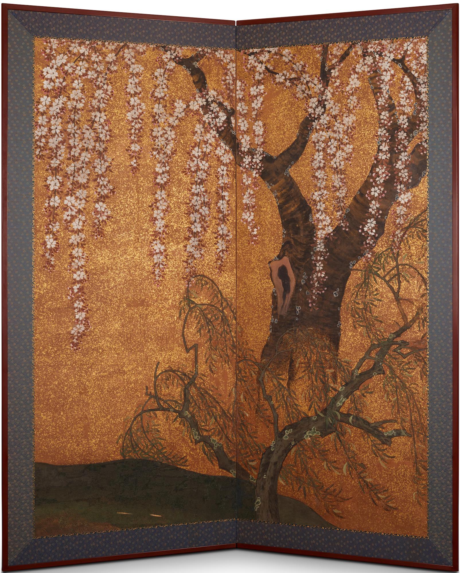 Japanese Two Panel Screen, Cherry Blossoms in Willow Landscape For Sale 3