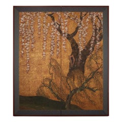 Japanese Two Panel Screen, Cherry Blossoms in Willow Landscape