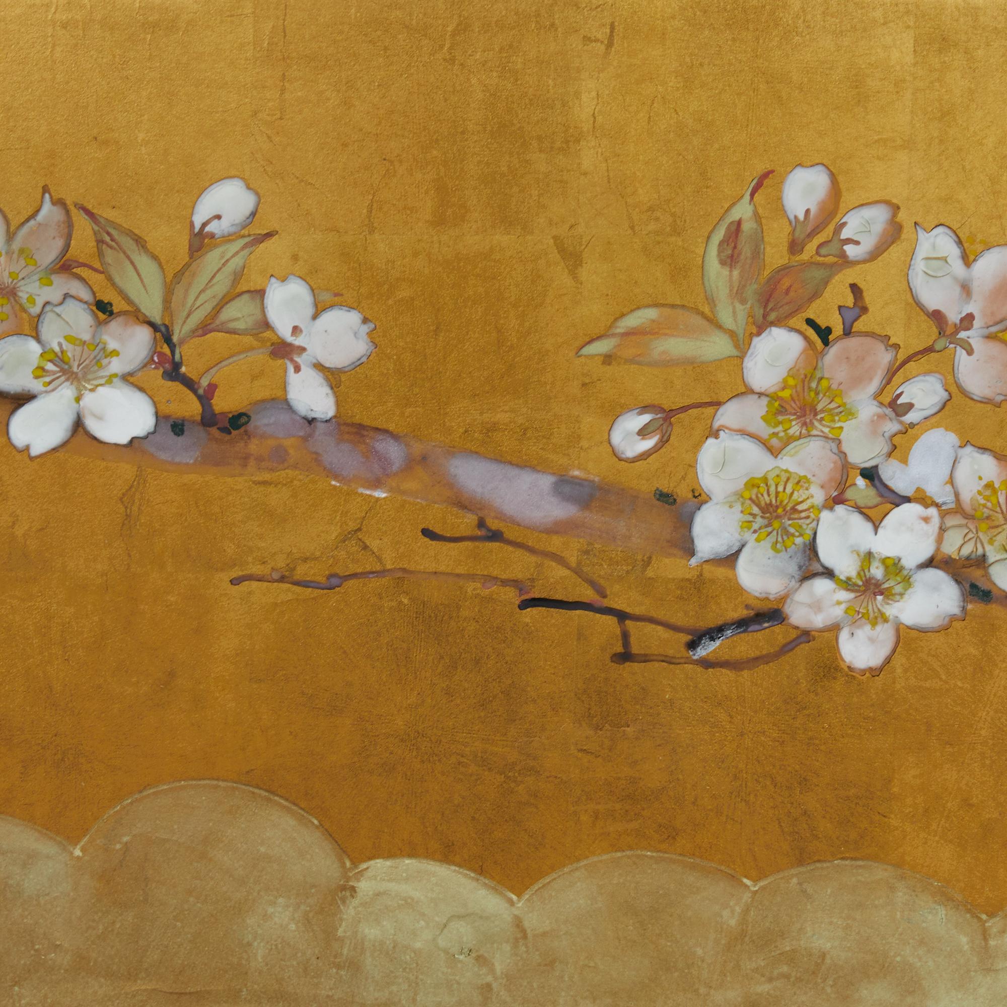 In this furosaki-byobu (screen used for tea ceremony), the blooming of soft cherry blossoms upon a glowing gold backdrop depicts the natural and gentle scene. Mineral pigments on applied gold with a black lacquer trim. Signature and Seal read: Joshi.