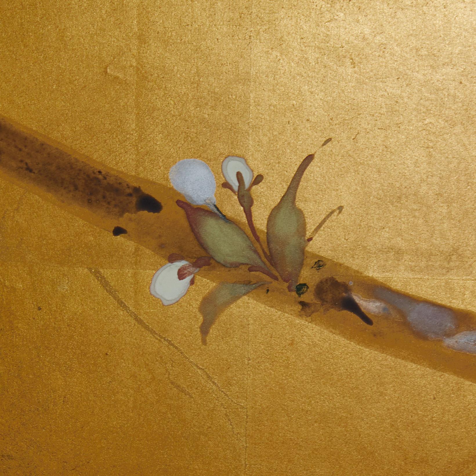 Japanese Two-Panel Screen, Cherry Blossoms on Gold In Good Condition In Hudson, NY