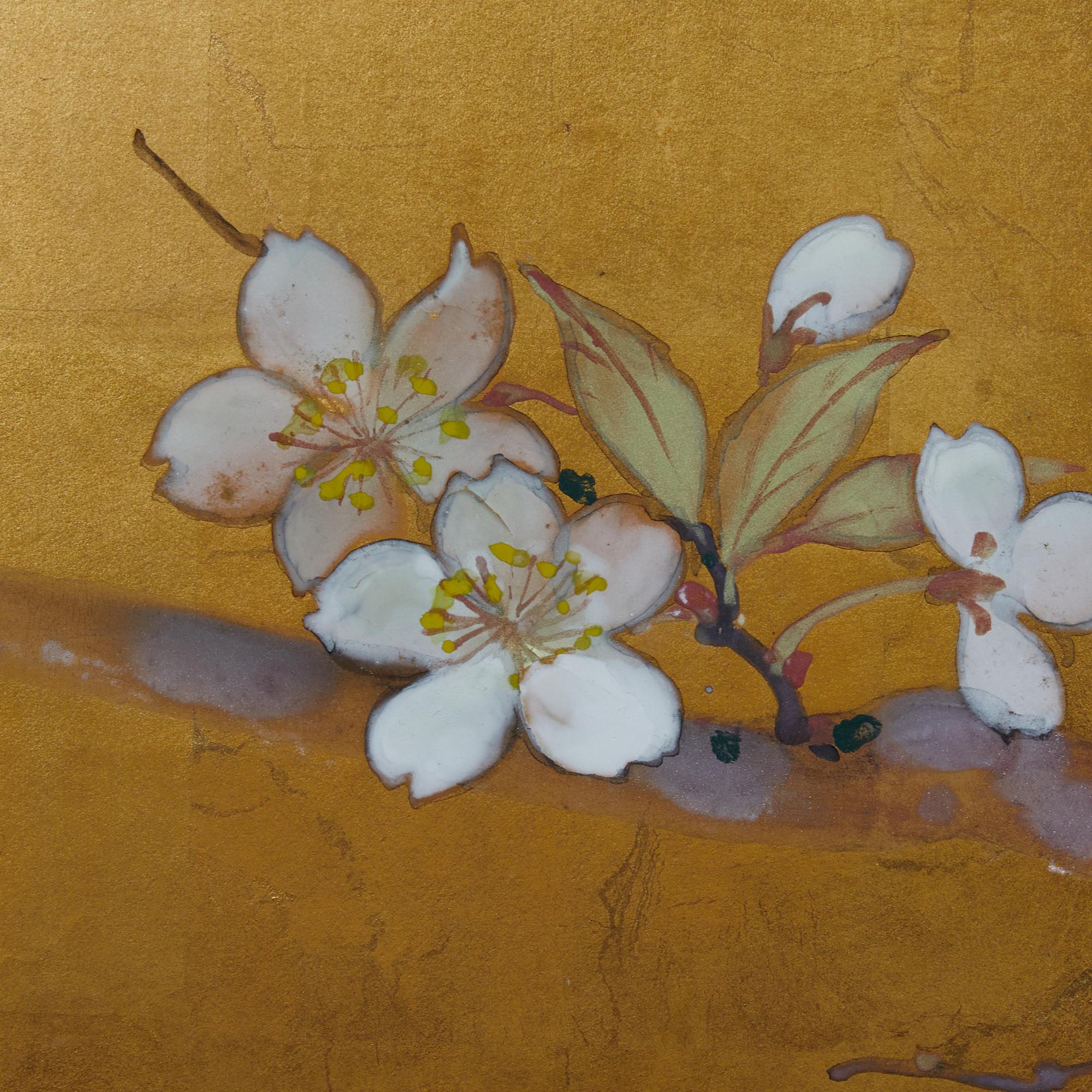 20th Century Japanese Two-Panel Screen, Cherry Blossoms on Gold