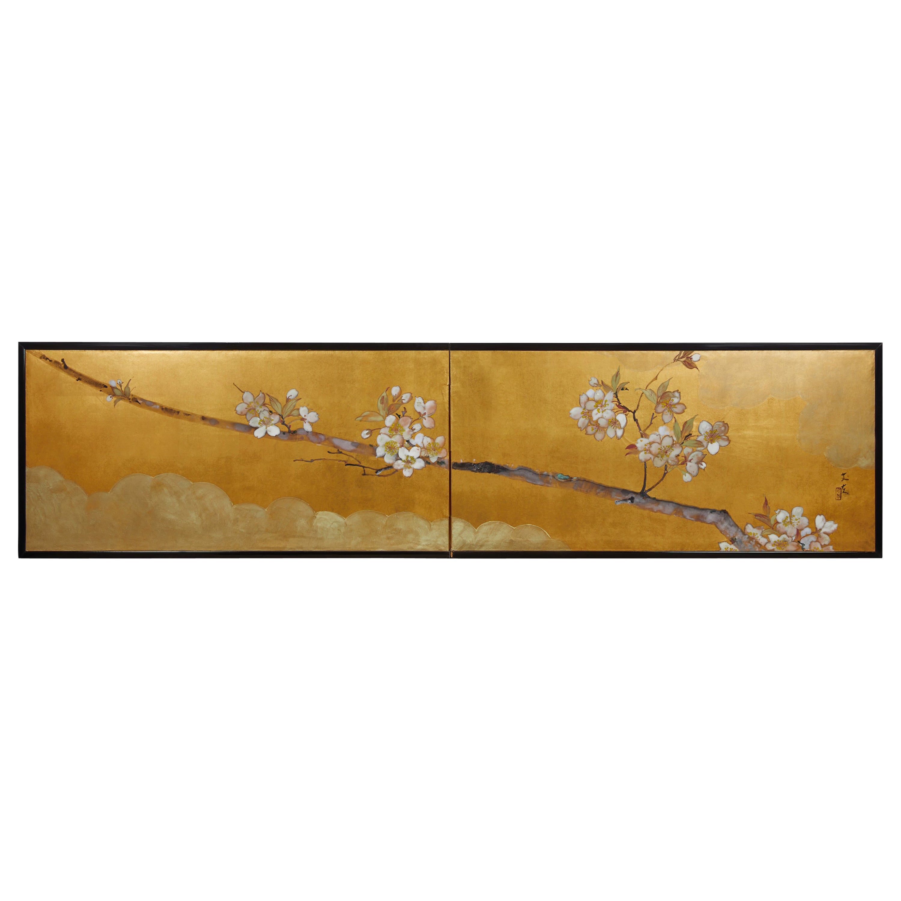 Japanese Two-Panel Screen, Cherry Blossoms on Gold