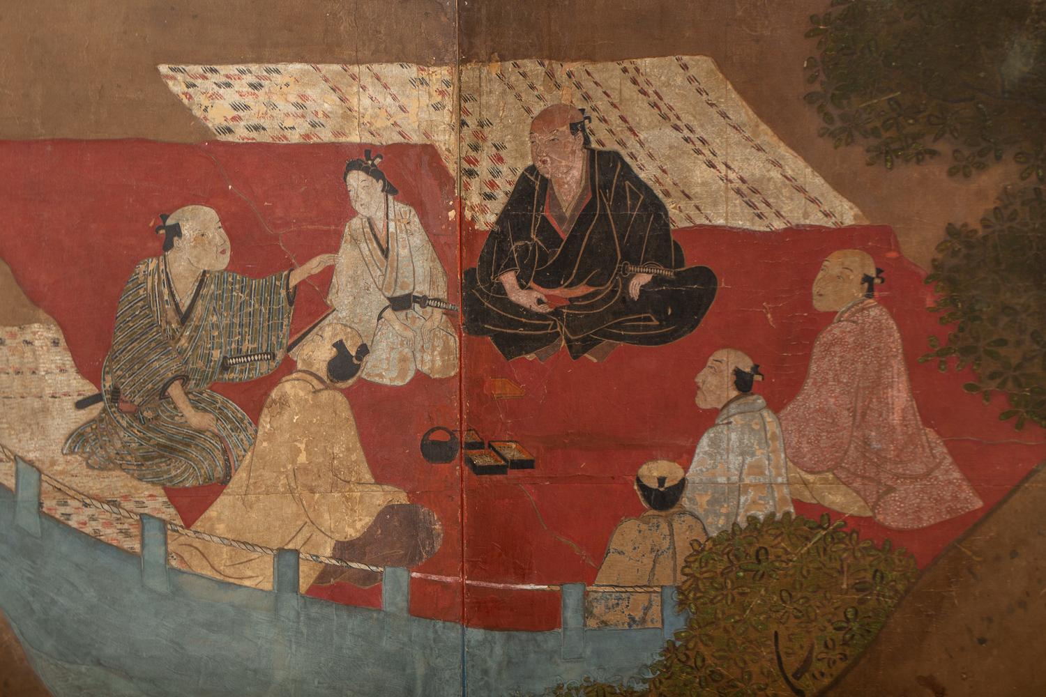 A private viewing in picnic surrounding of nobles (probably samurai), including one woman. Mineral pigments on mulberry paper with silk brocade border.
