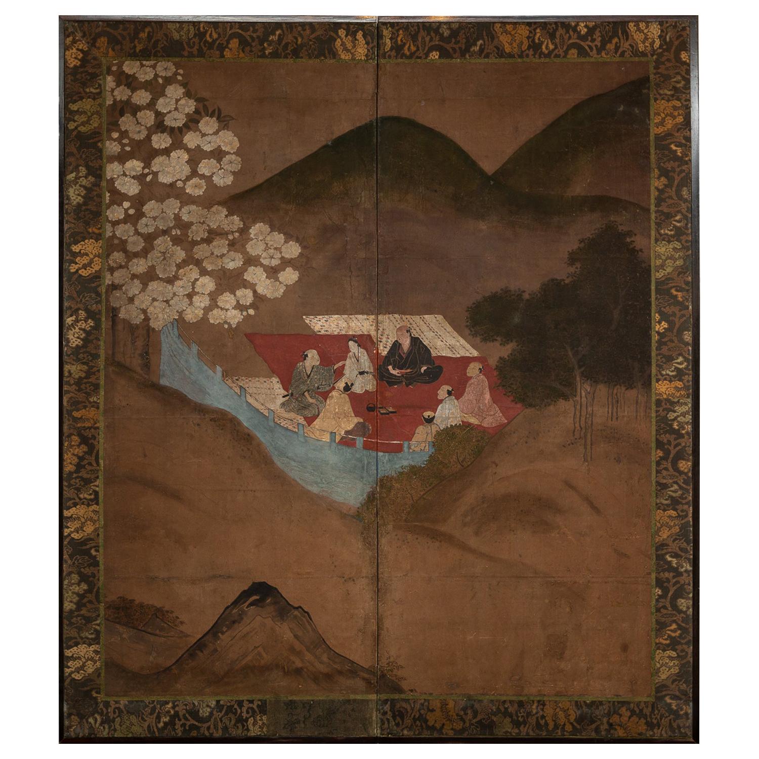 Japanese Two Panel Screen, Cherry Blossoms Viewing Party For Sale