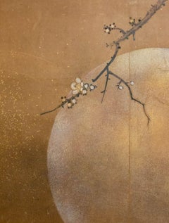 Japanese Two-Panel Screen Cherry Tree and Flowers in the Moonlight
