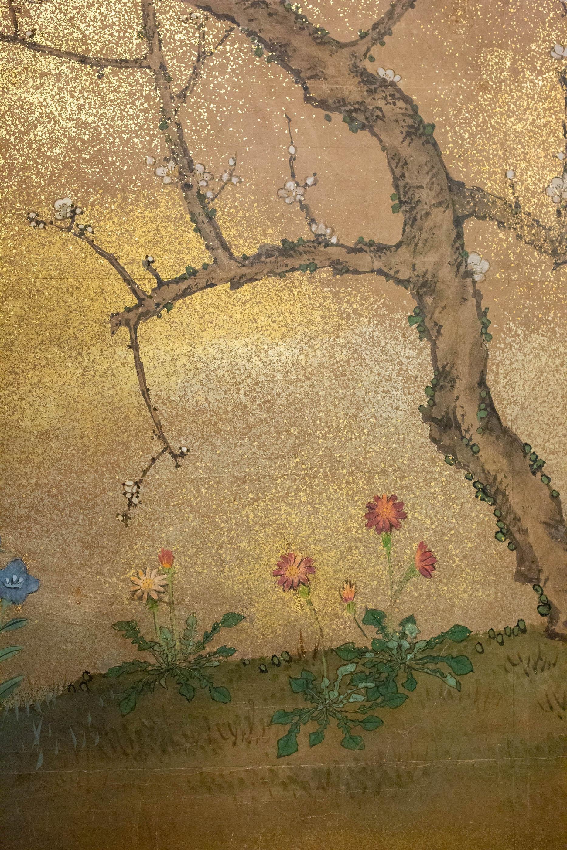 19th Century Japanese Two-Panel Screen Cherry Tree and Flowers in the Moonlight