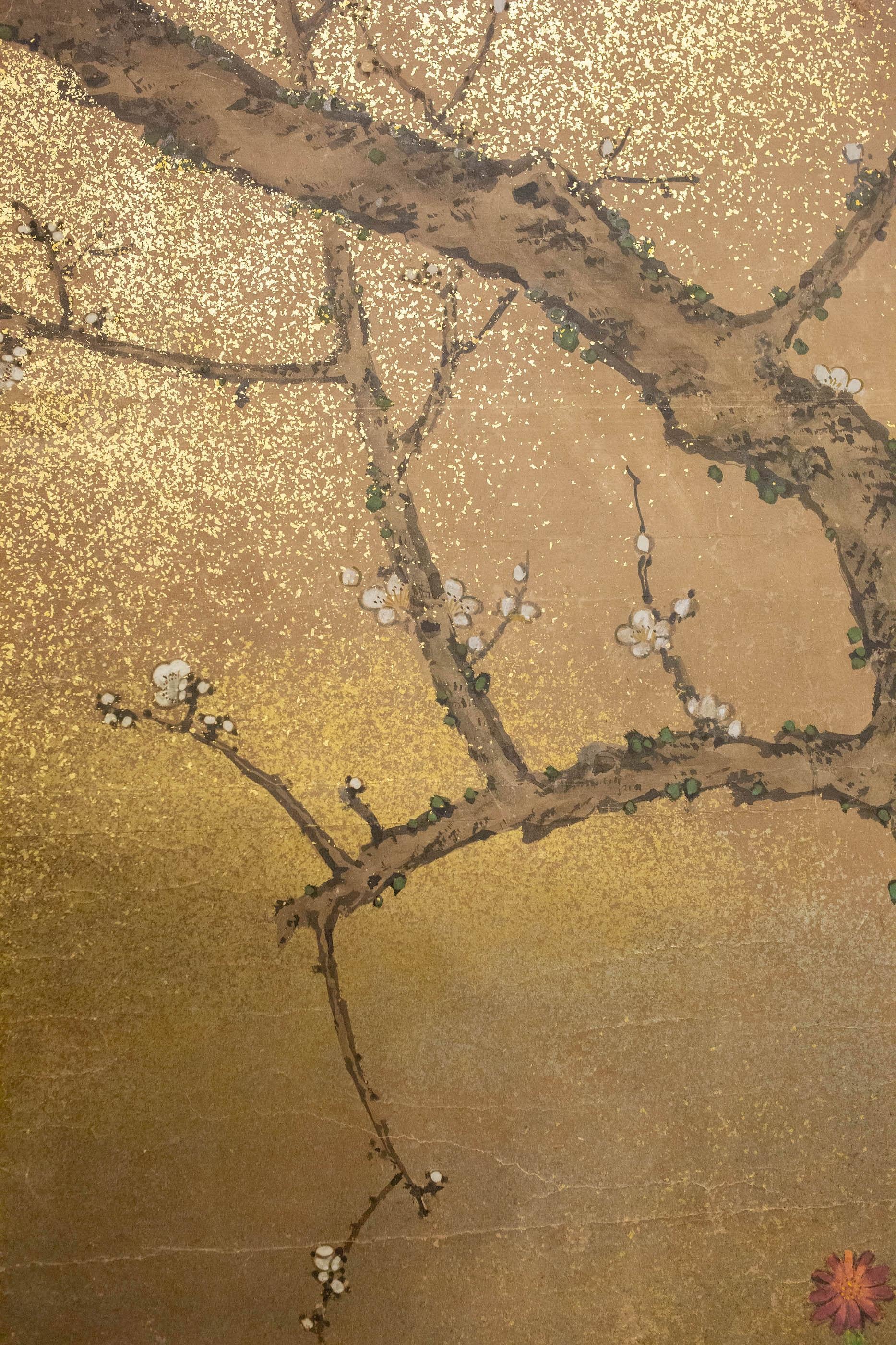 Gold Japanese Two-Panel Screen Cherry Tree and Flowers in the Moonlight