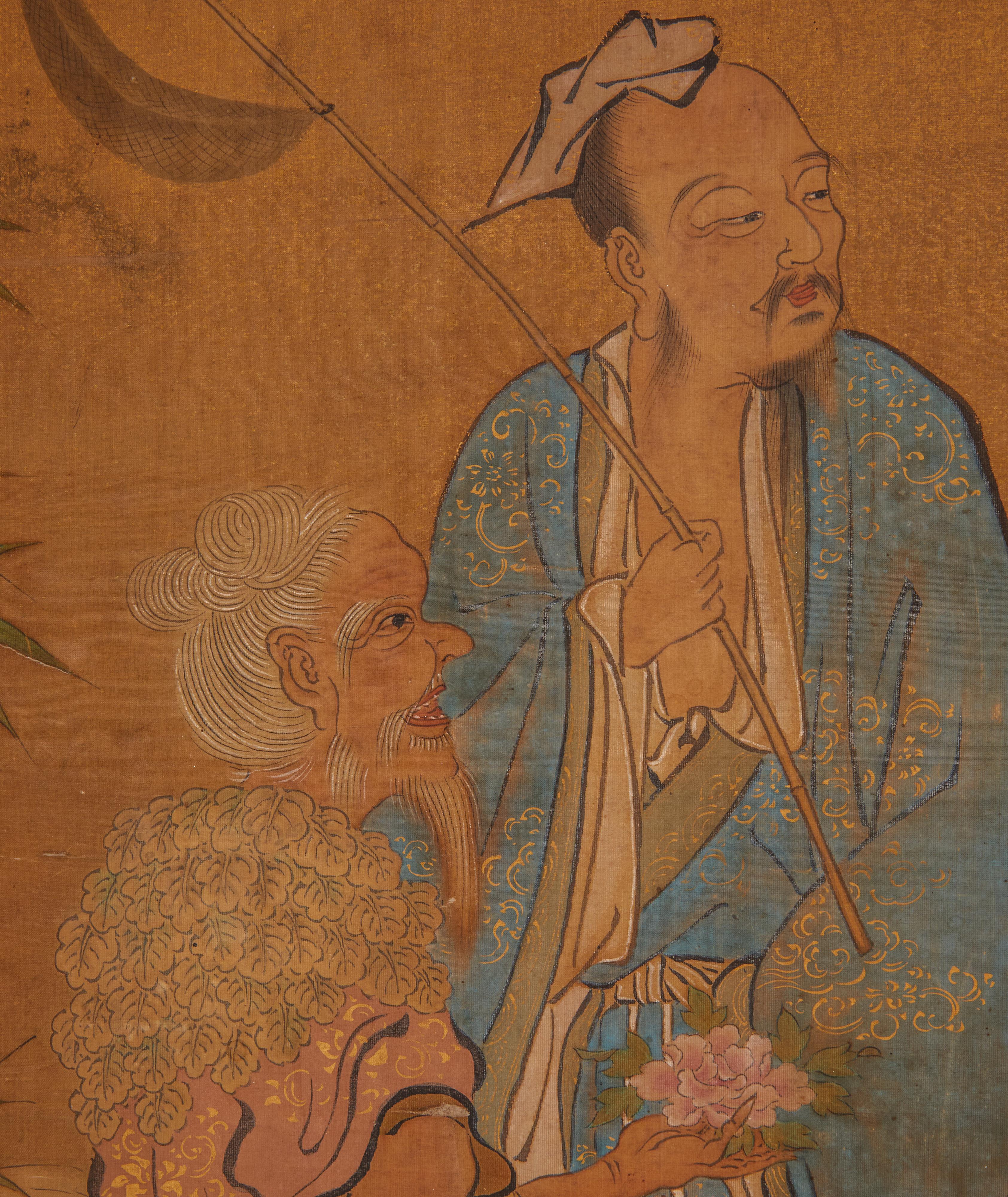 Brocade Japanese Two Panel Screen, Chinese Literary Figures in Seascape For Sale