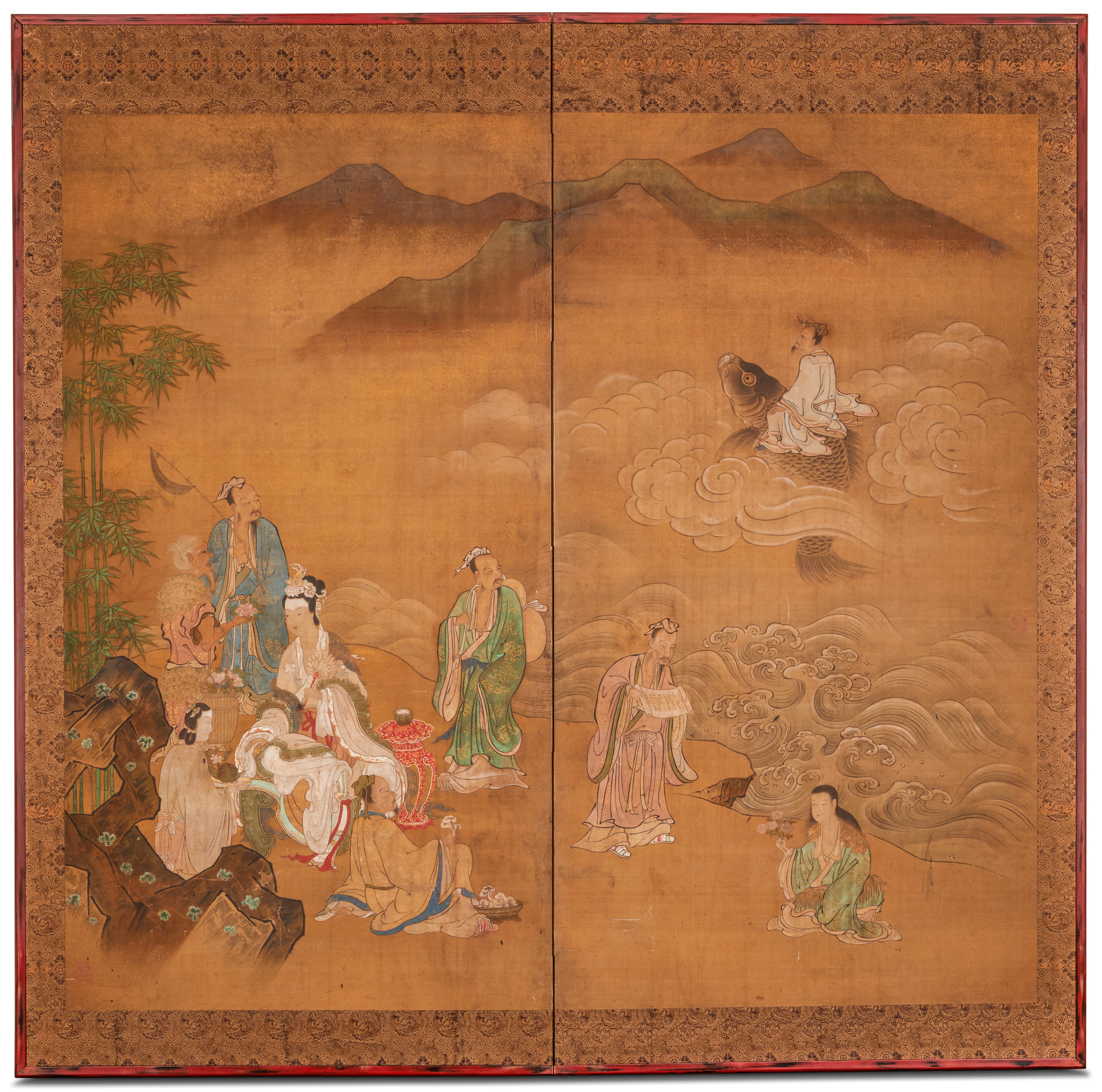 Japanese Two Panel Screen, Chinese Literary Figures in Seascape For Sale