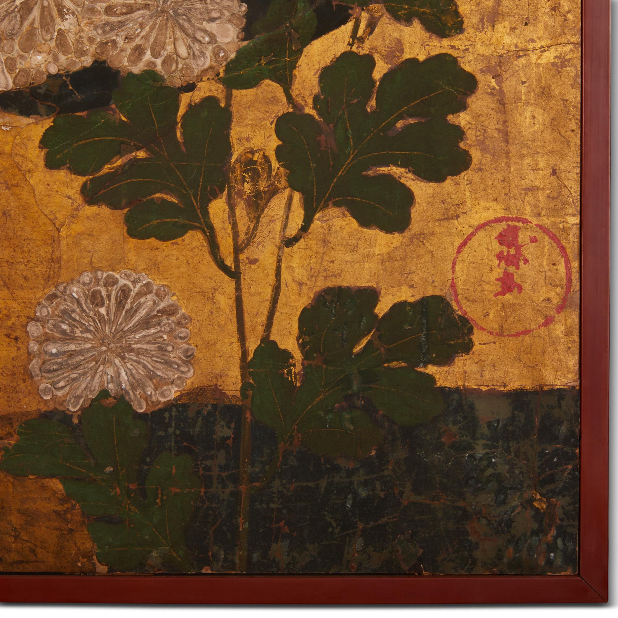 Gold Japanese Two Panel Screen, Chrysanthemums For Sale