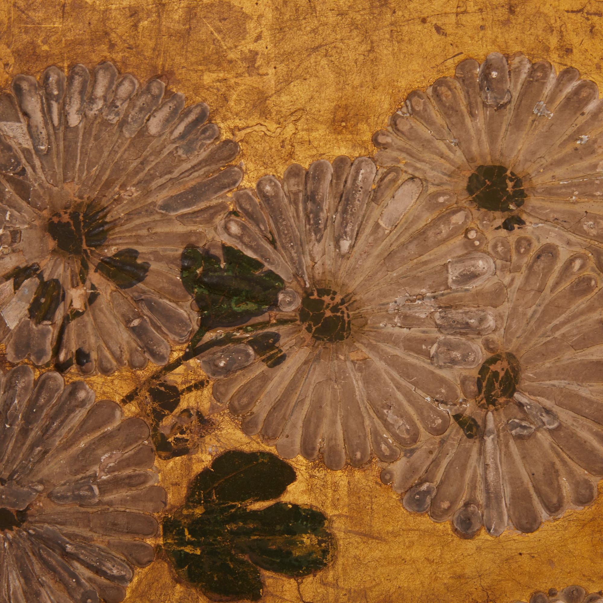 18th Century Japanese Two Panel Screen, Chrysanthemums For Sale