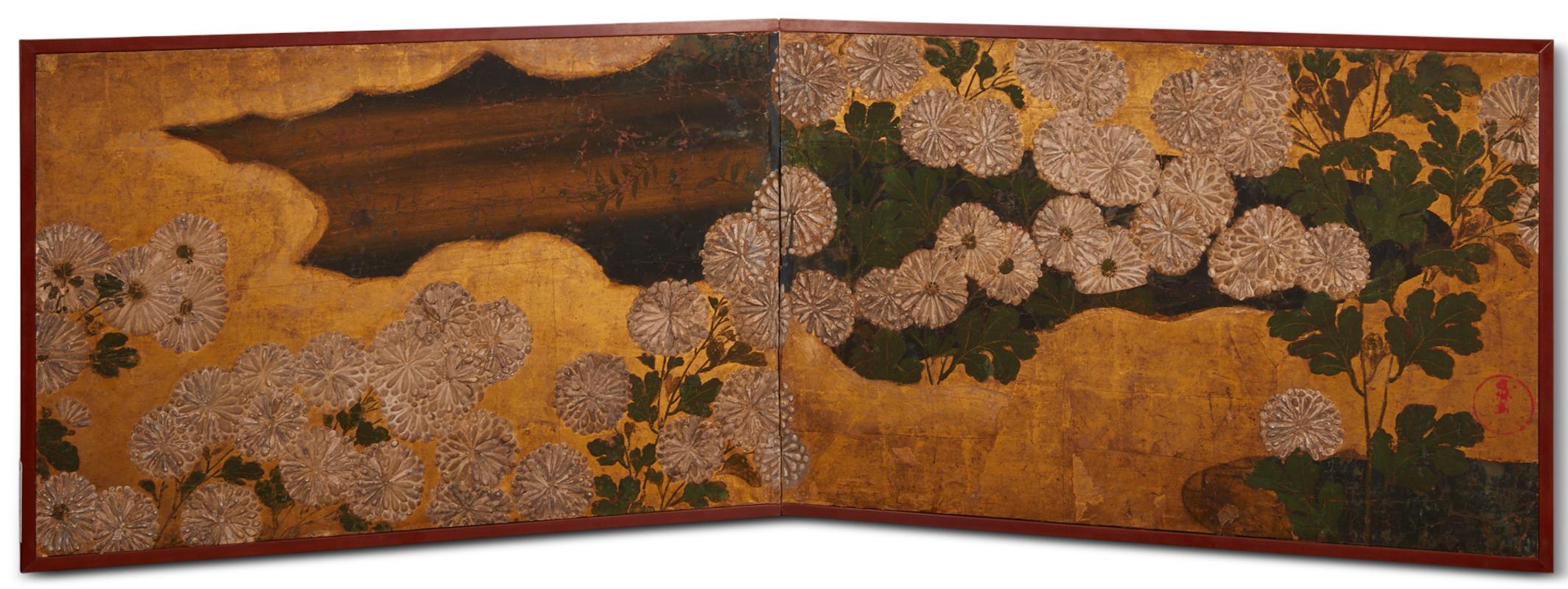 Japanischer Raumteiler mit zwei Tafeln, Chrysanthemen im Angebot 4