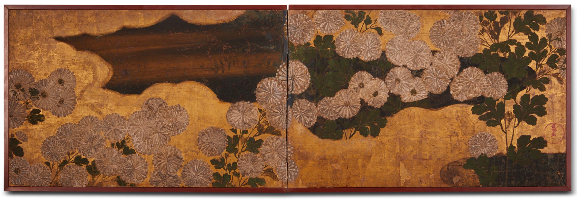 Japanese Two Panel Screen, Chrysanthemums
