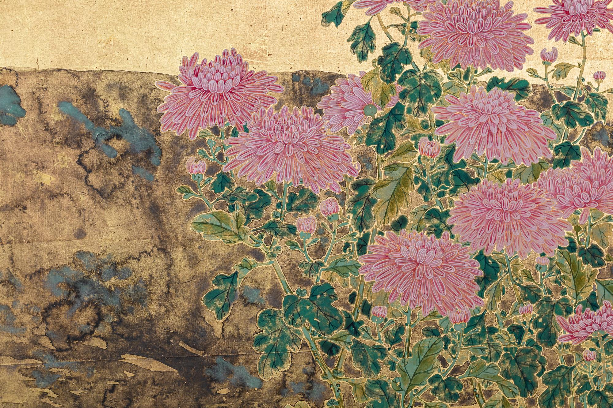 Late 19th Century Japanese Two Panel Screen: Chrysanthemums on Gold Leaf
