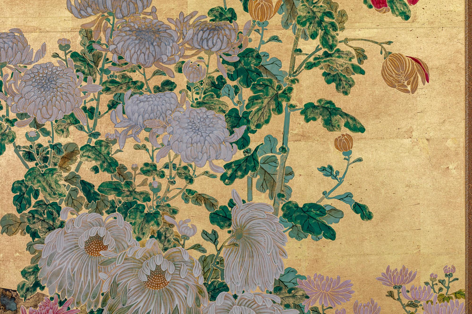 Paper Japanese Two Panel Screen: Chrysanthemums on Gold Leaf