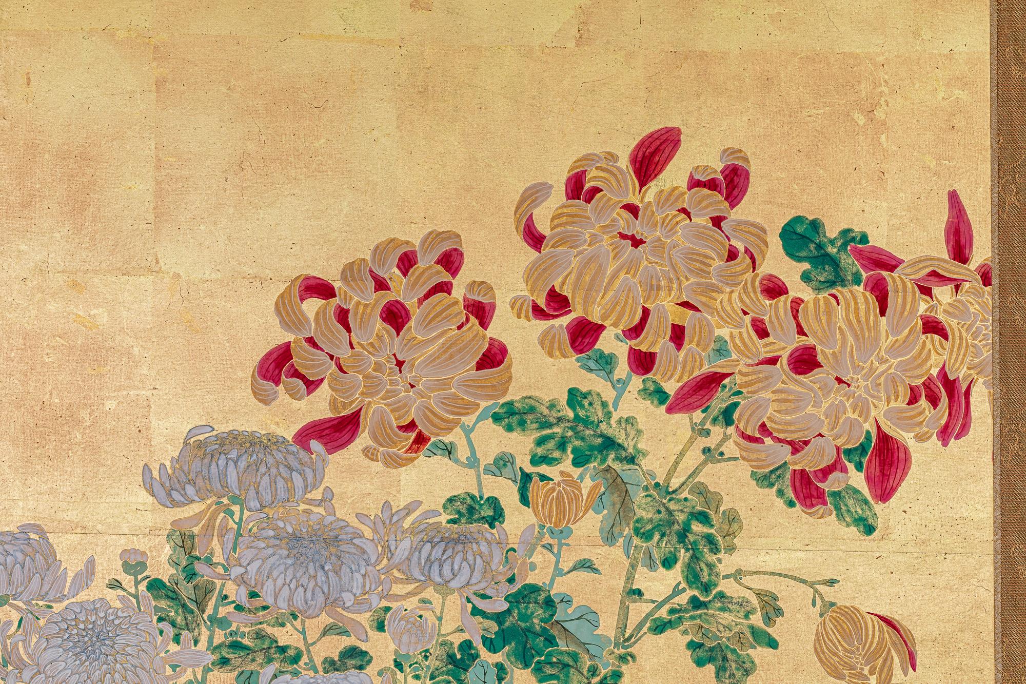 Japanese Two Panel Screen: Chrysanthemums on Gold Leaf 1