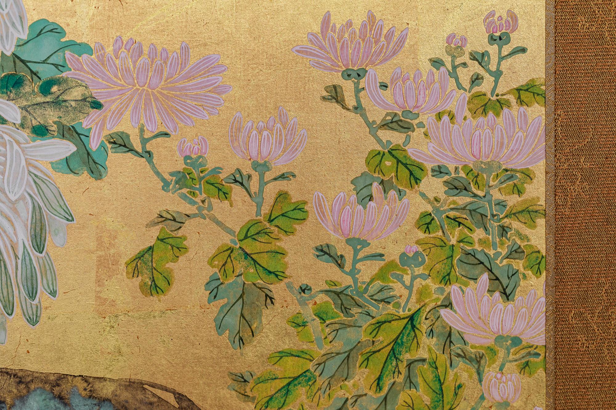 Japanese Two Panel Screen: Chrysanthemums on Gold Leaf 2