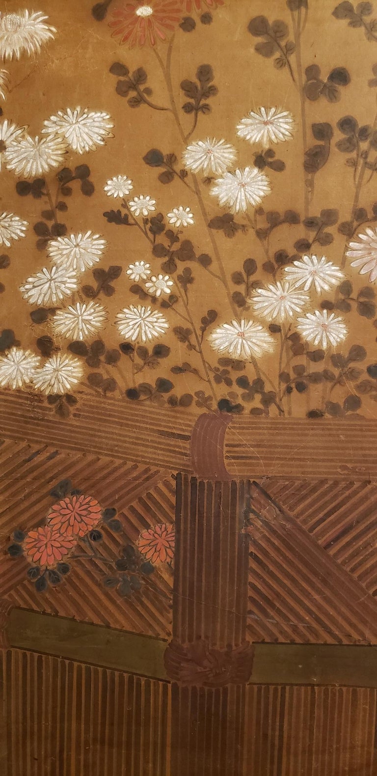Japanese TwoPanel Screen Chrysanthemums Over a Woven Reed Fence at 1stDibs reed fence panels
