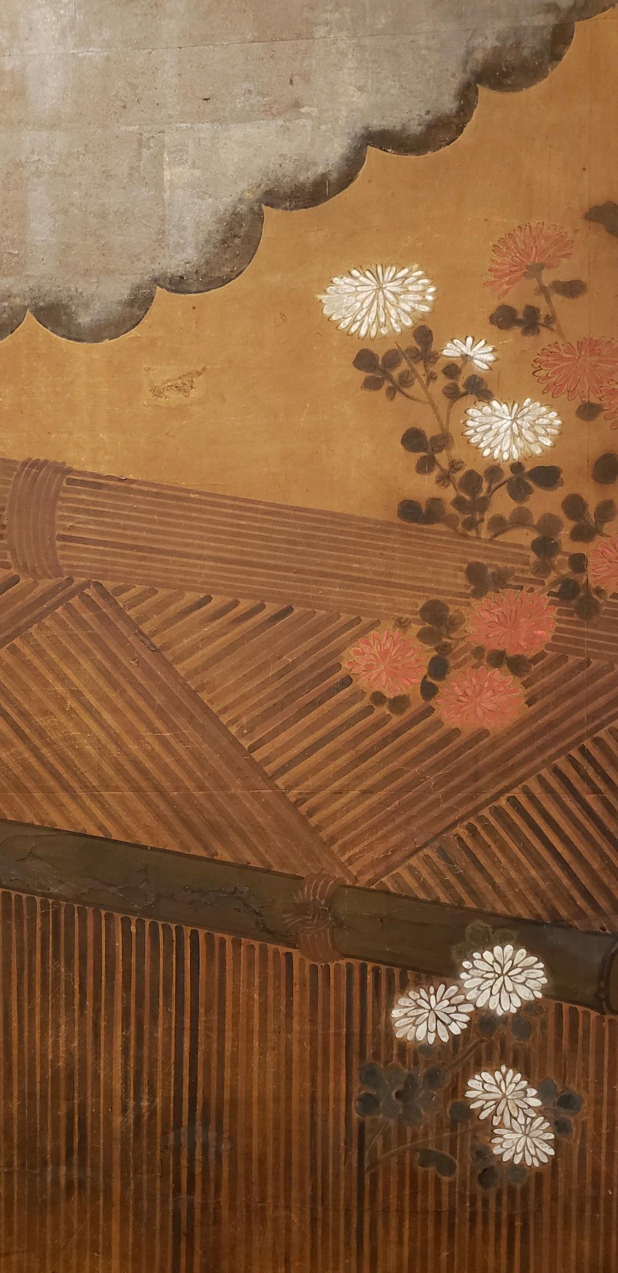Edo Japanese Two-Panel Screen Chrysanthemums Over a Woven Reed Fence
