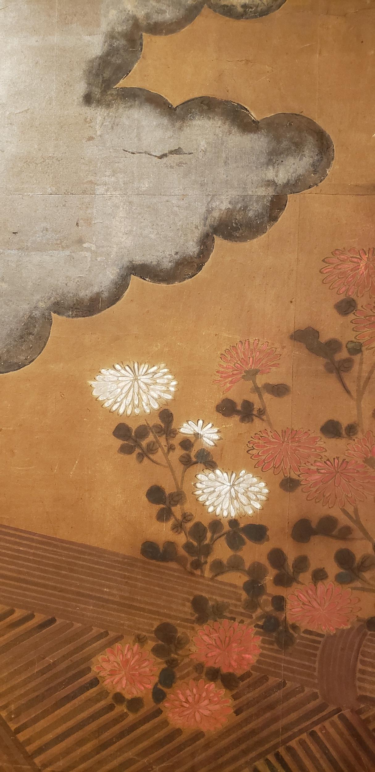 Japanese Two-Panel Screen Chrysanthemums Over a Woven Reed Fence In Good Condition In Hudson, NY